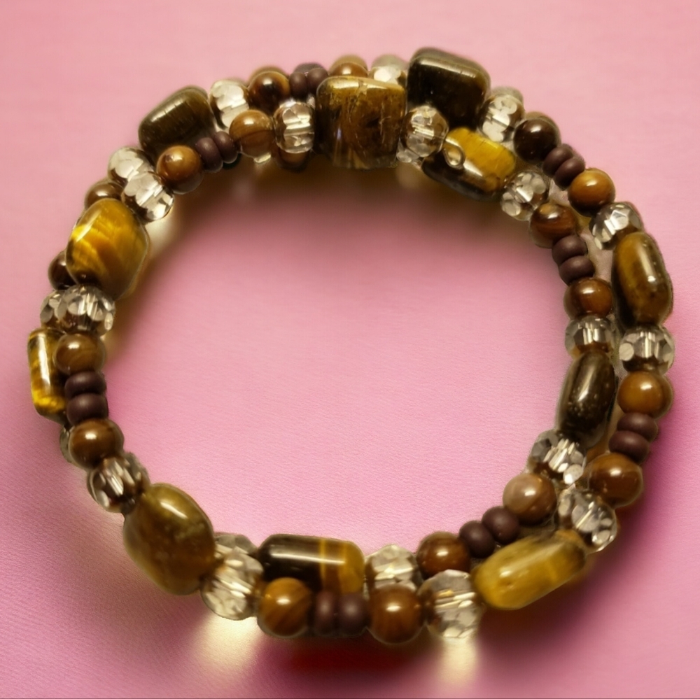 HP😀 Genuine Tiger's Eye W/Beads Fit To Size Bracelet